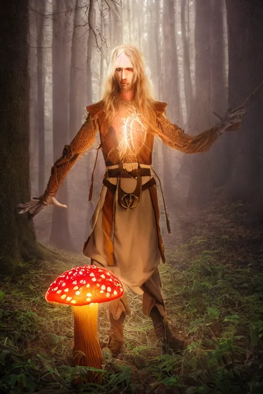 Image similar to A tall slim male wood elf druid posing with a glowing mushroom in a mystical forest, portrait, long blonde hair, fungi, glowing, wooden armor, magical, fantasy, medieval, highly detailed, dynamic lighting, cinematic, dramatic, sharp focus, focus on face, masterpiece, trending on artstation, concept art, digital painting, still, photo, photograph, in the style of Heilung