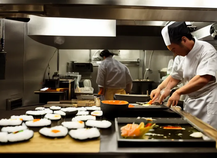 Image similar to a 2 8 mm macro photo from the back of a sushi chef preparing sushi in a commercial kitchen, splash art, movie still, bokeh, canon 5 0 mm, cinematic lighting, dramatic, film, photography, golden hour, depth of field, award - winning, anamorphic lens flare, 8 k, hyper detailed, 3 5 mm film grain