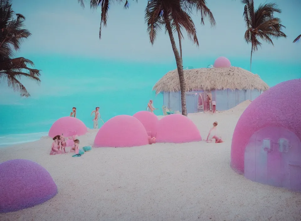 Image similar to a pastel coloured vintage family holiday photo of an empty beach from an alien dreamstate world with chalky pink iridescent!! sand, reflective lavender ocean water, dim bioluminescent plant life and an igloo shaped shiny plastic festival stage and transparent sound system!! glare. refraction, volumetric light.
