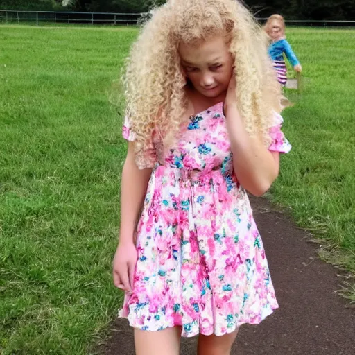 Prompt: young white girl, pink flowery dress, blond curly hair, causing mahem