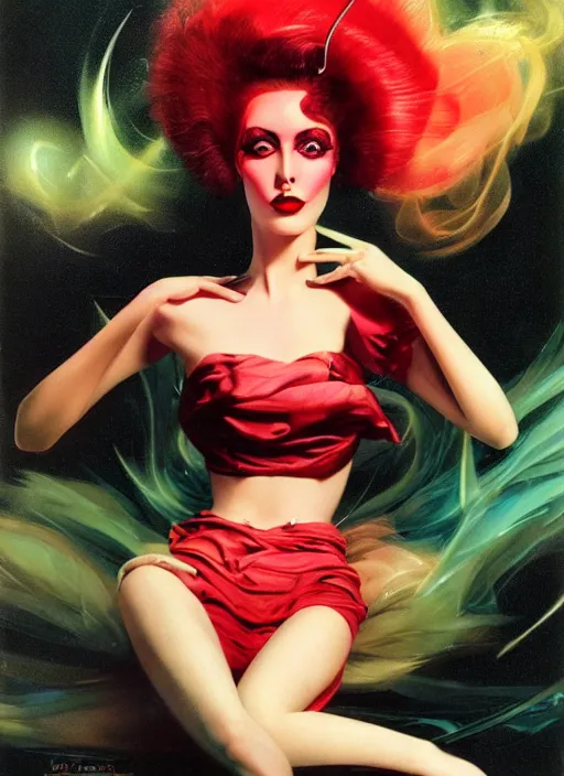 Image similar to an 8 0 s portrait of a woman with dark eye - shadow and red lips with dark slicked back hair dreaming acid - fueled hallucinations by serge lutens, rolf armstrong, delphin enjolras, peter elson