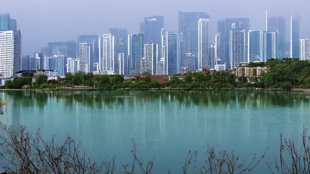 Prompt: a city behind a lake. vaporwave.