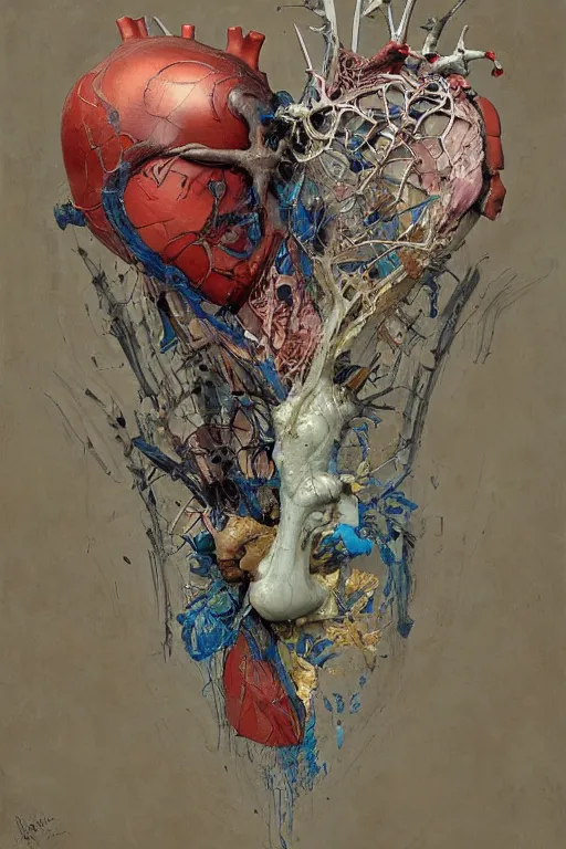 Image similar to accurate anatomical heart imagined as artist's palette, paint, brushes, painted by ruan jia, raymond swanland, lawrence alma tadema, zdzislaw beksinski, norman rockwell, jack kirby, tom lovell, alex malveda, greg staples, artgerm, greg rutkowski and alphonse mucha