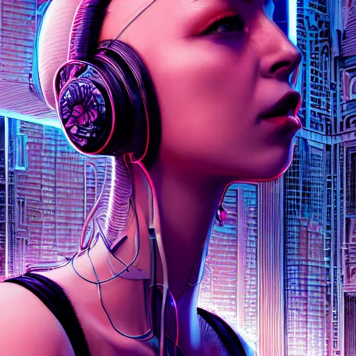 Image similar to the portrait of an absurdly beautiful, graceful, sophisticated, fashionable cyberpunk gravure idol, an ultrafine hyperdetailed illustration by kim jung gi, irakli nadar, matt wisniewski, intricate linework, neon wiring, porcelain skin, futuristic integrated headset, unreal engine 5 highly rendered, global illumination, radiant light, detailed and intricate environment