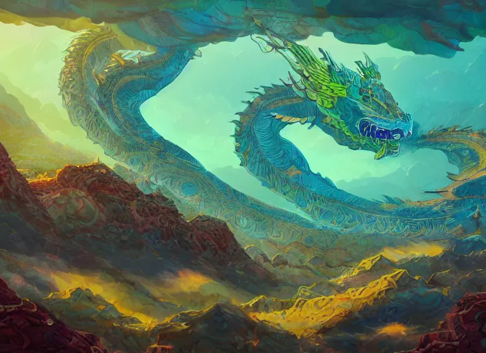 Image similar to psychedelic concept art of a dragon landscape made of thousands of spiraling dragons, cel shaded, in the style of makoto shinkai and moebius and peter mohrbacher and anton fadeev