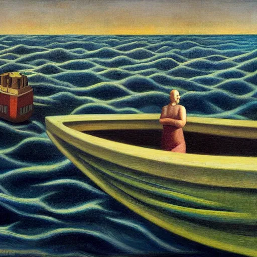 Image similar to twenty thousand leagues under the seas, grant wood, pj crook, edward hopper, oil on canvas