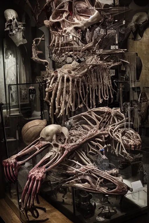 Prompt: inside a museum, a room where anatomical body parts are piece of arts by Rob Bottin, filth and grim, very detailed, ultra realistic photography