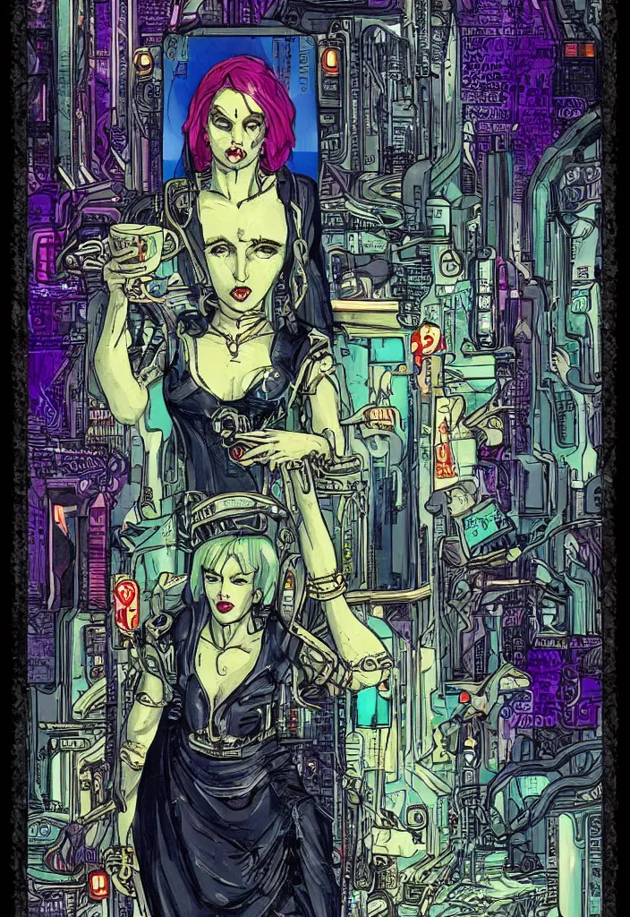 Prompt: the queen of cups as a cyberpunk tarot card