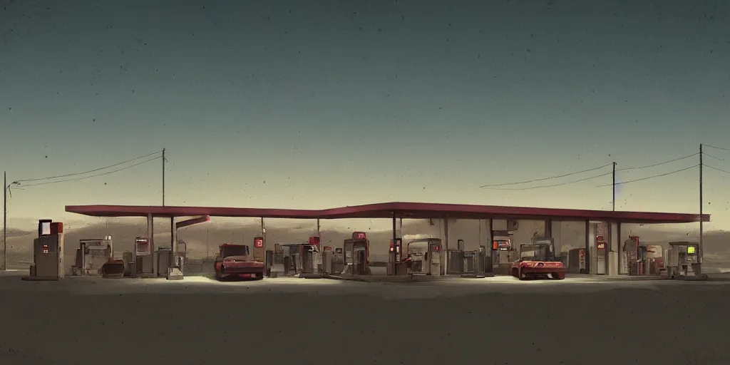 Image similar to A gas station in the desert at night, creepy and dramatic atmosphere, digital art by Greg Rutkowski and Studio Ghibli and Edward Hopper