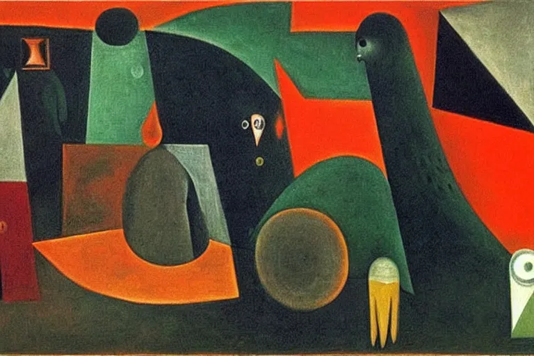 Image similar to born under a bad sign, watches, radios, good luck and trouble are my only friends, colors white!!, orange, dark green, dark blue, abstract oil painting by leonora carrington, by max ernst