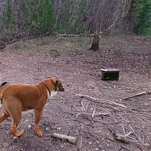 Prompt: trail cam footage of Cleveland Brown hunting his food, 4k