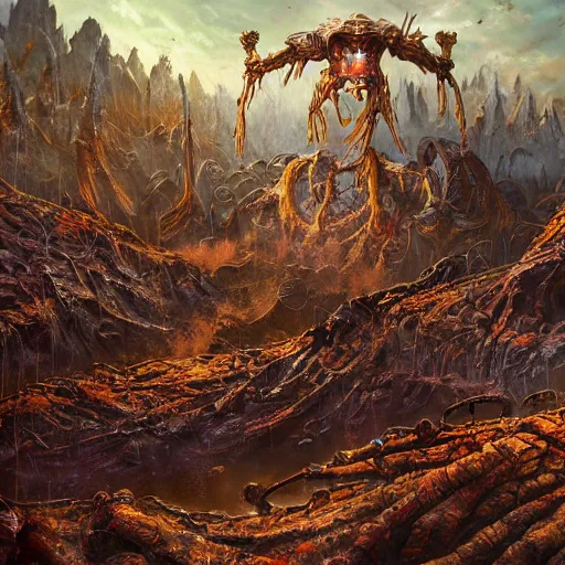 Image similar to extraterrestrial brutal warfare between rival warlords, violent, on ancient post - apocalyptic planet, jim henson creature shop, vivid and colorful, thomas kincaid, cinematic, oil painting, highly detailed, illustration