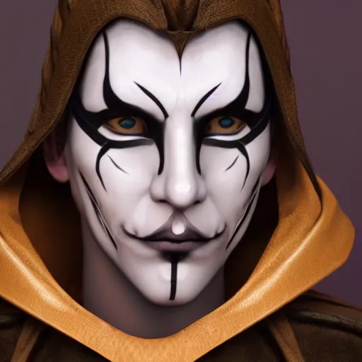 Image similar to a digital art close up portrait of hooded bard with porcelain mask in style of d & d character, handsome warlock with magic character sheet, light clown makeup, 4 k, ultra detail, volumetric lighting, unreal engine, octane render, grimdark