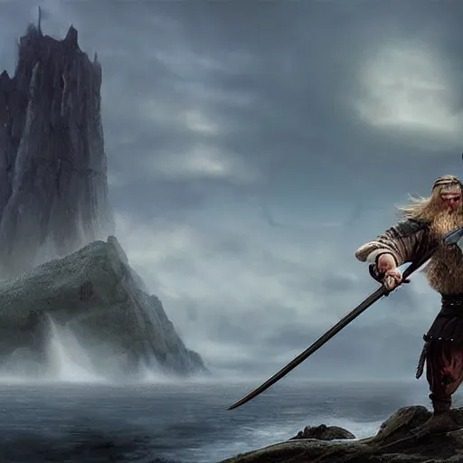 Prompt: viking fighting against a giant fantasy art, matte painting