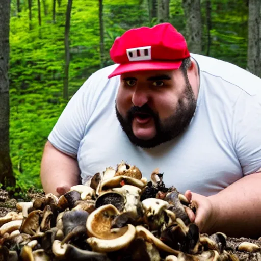 Image similar to fat italian man dressed as mario eating wild mushrooms off the forest floor