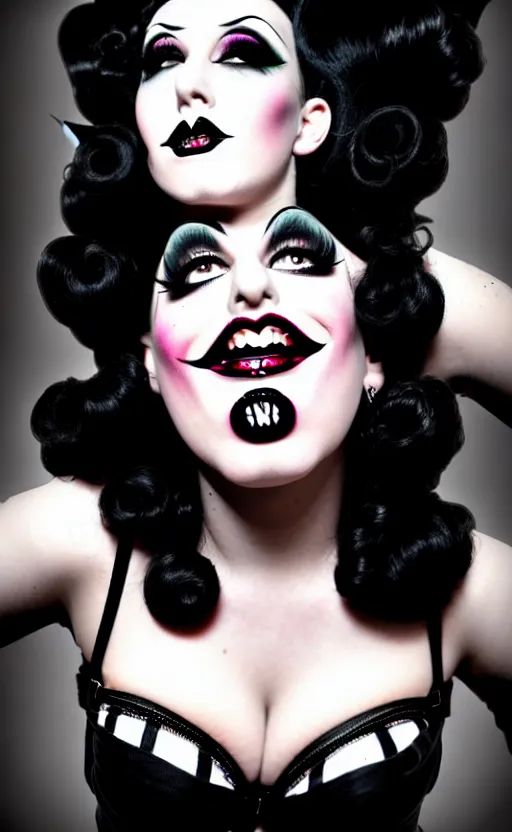 Image similar to looking up at a goth girl with a detailed face and black hair, burlesque psychobilly, rockabilly, punk,
