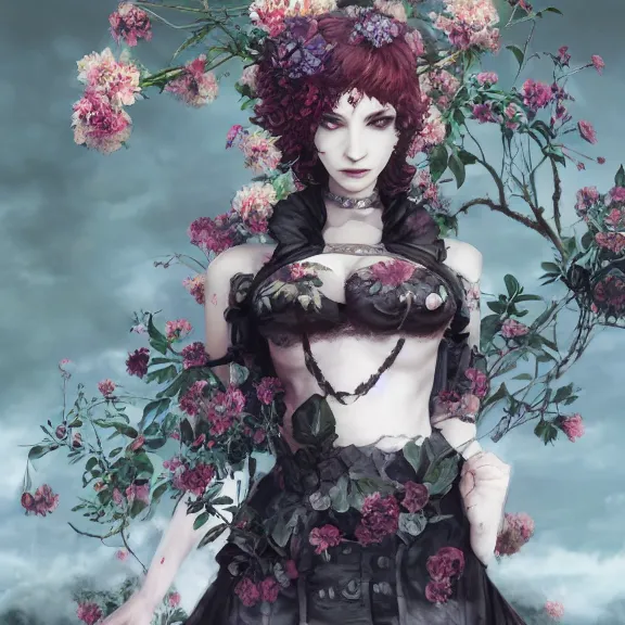 Image similar to goth christina hendricks with flowers in her hand, tankoban, 4 k, tone mapping, akihiko yoshida, james jean andrei riabovitchev marc simonetti, yoshitaka amano, long hair, curly, h. hydrochaeri