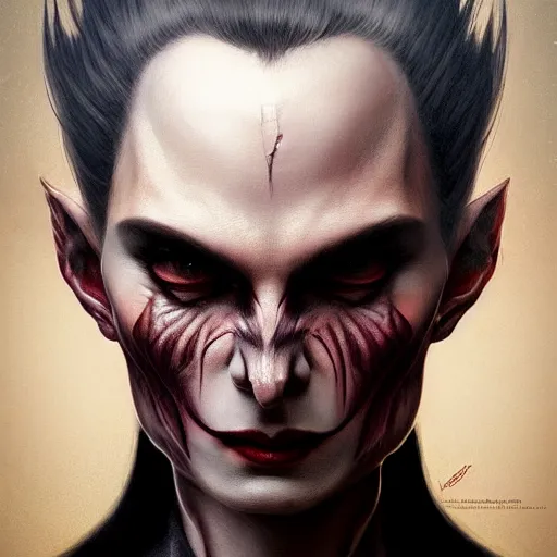 Image similar to perfectly - centered - portrait - photograph of evil vampire, super highly detailed, professional digital painting, artstation, concept art, smooth, sharp focus, no blur, no dof, extreme illustration, unreal engine 5, 8 k, art by artgerm and greg rutkowski and alphonse mucha loish and wlop