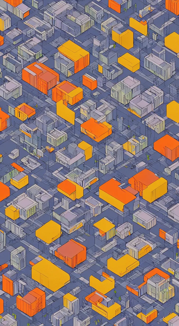 Image similar to isometric drawing of a fictional dense city, in style of rem koolhaas, peter eisenman, warm color palette