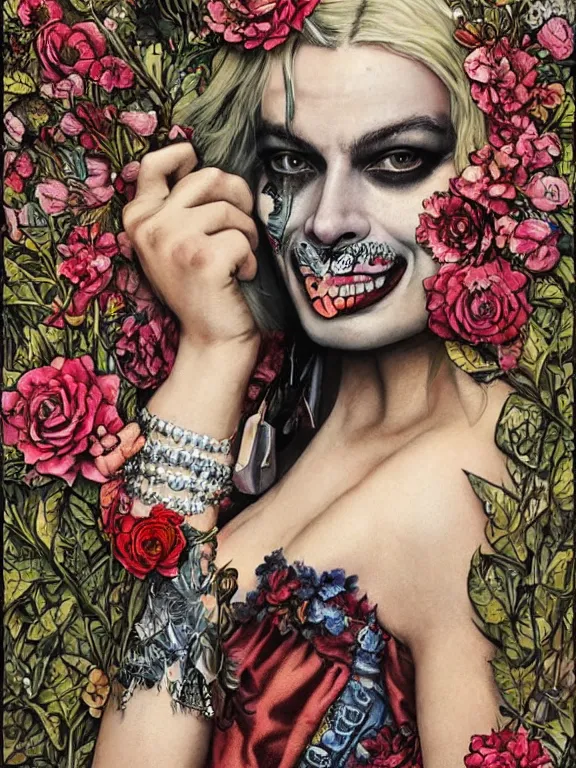 Prompt: a punk portrait of margot robbie harley quinn between embellished pattern and huge flower bushes,by tom bagshaw,marie spartali Stillman,Ekaterina Belinskaya,William Morris,Oleg Turchin,trending on pinterest,dark fantasy,maximalist,glittering,feminine