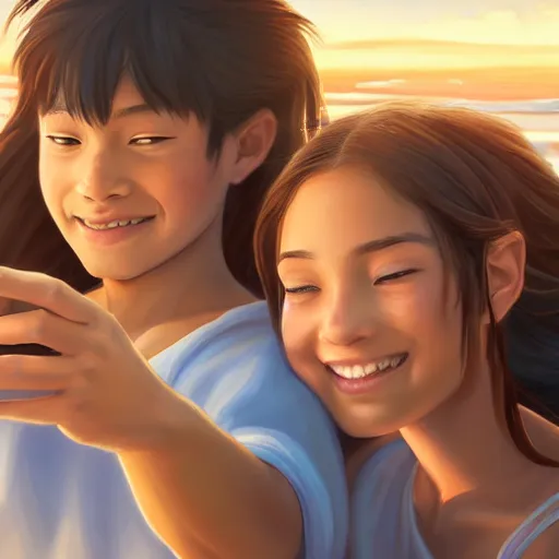 Image similar to beautiful serene intricate portrait of katara and toph taking a selfie, smiling softly, relaxing on the beach, golden hour, soft focus, 8 k, art by irakli nadar, hyperrealism, hyperdetailed, ultra realistic