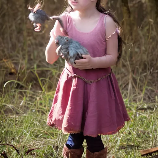 Prompt: little girl, cosplaying as ratcatcher 2, she holds a cute rat, photo taken on a Nikon, 4k