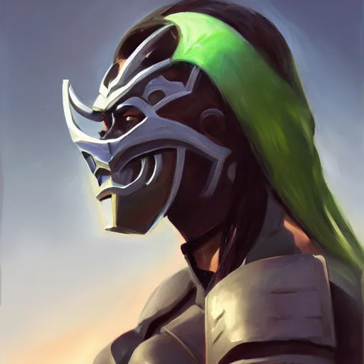 Image similar to greg manchess portrait painting of partially armored jade from mortal kombat wearing a half mask as overwatch character, medium shot, asymmetrical, profile picture, organic painting, sunny day, matte painting, bold shapes, hard edges, street art, trending on artstation, by huang guangjian and gil elvgren and sachin teng