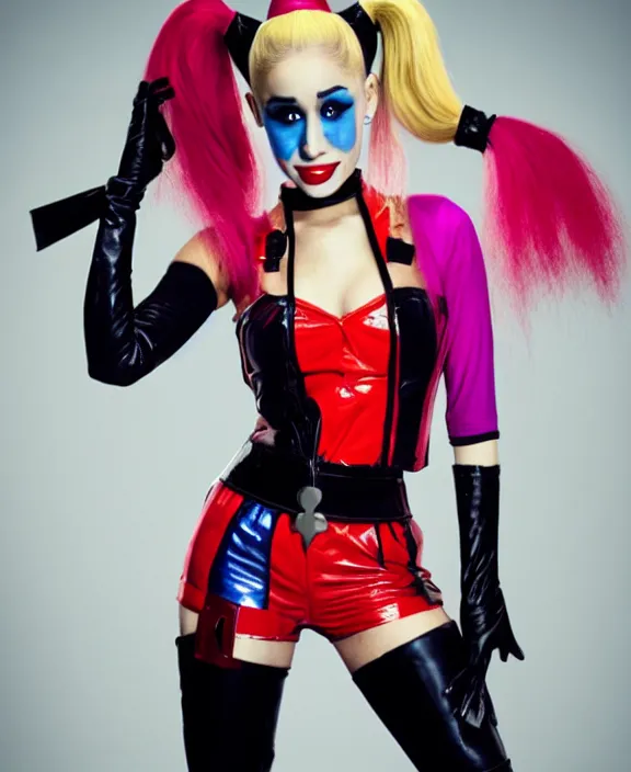 Prompt: ariana grande modeling as harley quinn, professional photograph