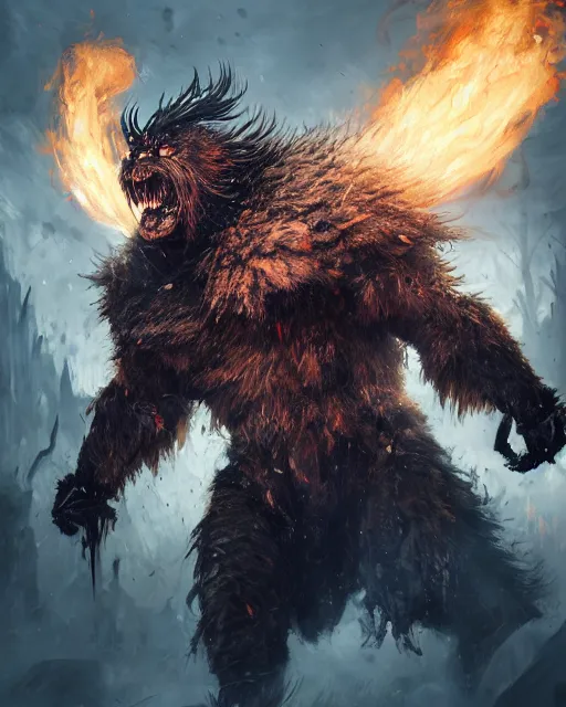 Prompt: oil painting of Angry Donald Trump Berserker, wearing fur armor, claws, sharp focus, attack pose, fantasy style, octane render, volumetric lighting, 8k high definition, by greg rutkowski, highly detailed, trending on art Station, magic the gathering artwork, burning Battlefield background, centered