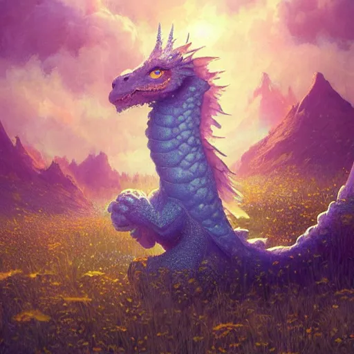 Prompt: beautiful digital fantasy illustration of a closeup adorable giant fluffy feathered sparkling pearlescent pastel dragon sitting alone in a flower meadow, concept art by greg rutkowski, anato finnstark, and rebecca guay, highly detailed, soft lighting, rendered in octane