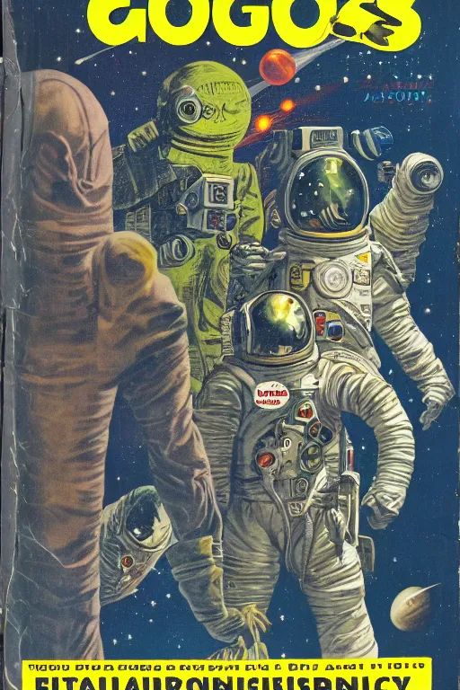 Image similar to photo of poor condition, torn, stained, vintage pulp scifi science fiction magazine cover on a table top, showing men wearing space suits shooting laser beams at a monster in an alien city, illustrated by basis gogos and arle bergey, 4 k, high definition