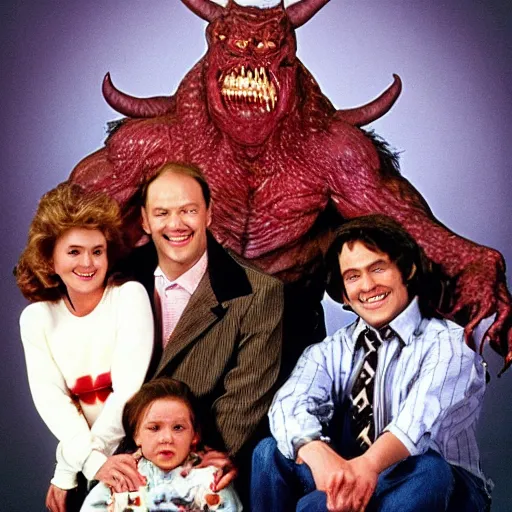 Image similar to vintage 1 9 9 0's sitcom photo, a happy photogenic family and a large giant evil demonic horrifying angry detailed monstrous demon creature inside a 1 9 8 0's sitcom living room