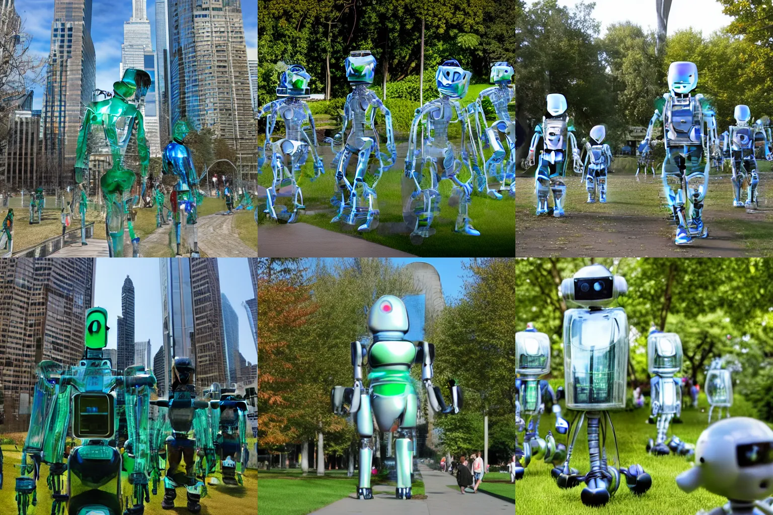 Prompt: many . glass . robots . in park. many people walking