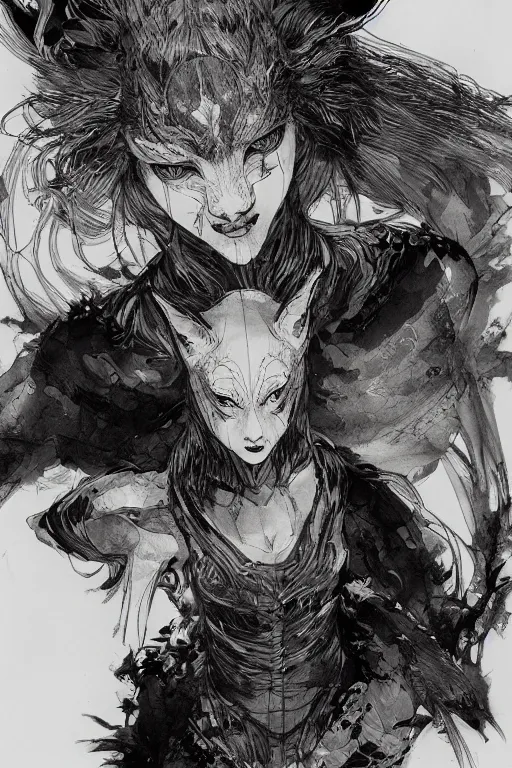 Image similar to portrait of a girl in kitsune demon fox mask and black suit, pen and ink, intricate line drawings, by craig mullins, ruan jia, kentaro miura, greg rutkowski