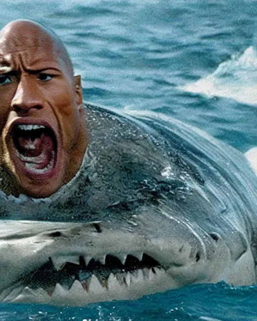 Image similar to film still close up shot of dwayne johnson wrestling a shark in the movie jaws. photographic, photography