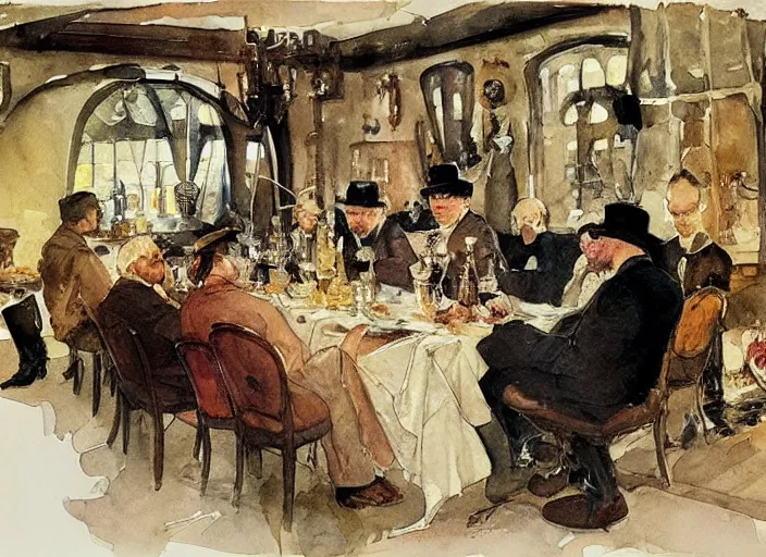 Image similar to gentlemens dinner, singing, roaring twenties, cellar, masterpiece, torches on wall, meat, wine, schnapps, watercolor by anders zorn and carl larsson, art nouveau