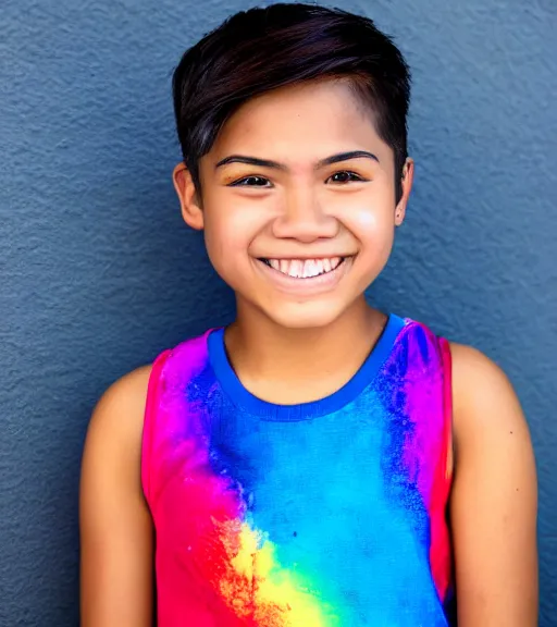 Image similar to a professional portrait of a 1 7 year old hispanic filipina girl with a sporty flair, mahogany eyes, dyed rainbow hair in a pixie cut, a blue tank top, a confident smile, small stature, athletic, warm brown eyes