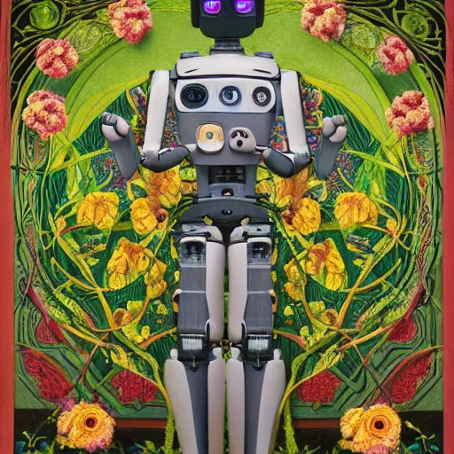 Image similar to A colorful, detailed print - A portrait of a robot composed entirely of flowers and vines. by Arnold Bocklin and Barclay Shaw, masterful print. 4k, unreal engine stunning Art Nouveau