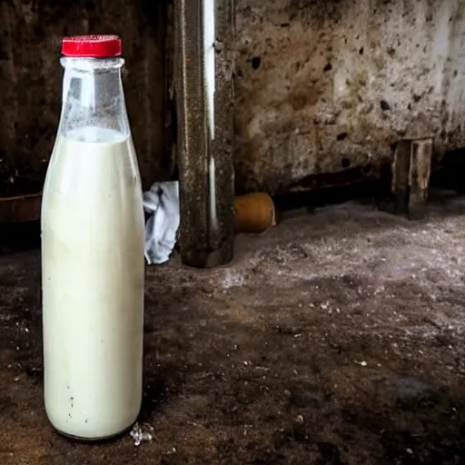 Image similar to dirty bottle of milk and a cow inside rusted slaughterhouse