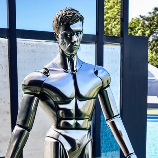 Image similar to a realistic detailed photo of a guy who is an attractive humanoid who is half robot and half humanoid, who is a male android, soccer player martin ødegaard, shiny skin, posing like a statue, blank stare, by the pool, on display, showing off his muscles, humanoid robot, frozen ice statue