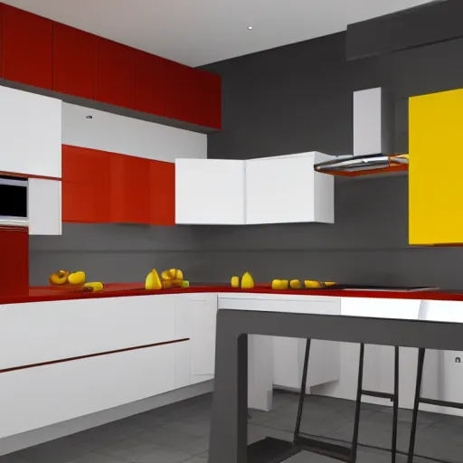 Image similar to 1970's futurist interior kitchen, furnished by aero aarino, primary colors are white, orange, yellow, and red unreal engine 8k resolution