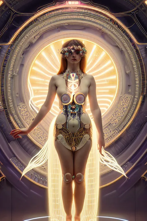 Image similar to symmetrical feminine cyborg goddess rendered in Octane, elegant and ornate futuristic silk robes, held aloft by thousands of glowing wires, glowing white neon eyes, platinum and golden flowing long hair, art by Artgerm and Alphonse Mucha, hyperrealism, full body photorealistic shot, digital render, cinematic lighting ornate jewelry, 8k resolution, masterpiece work