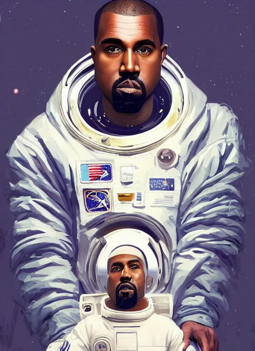 Image similar to pinted portrait of kanye west as an astronaut by greg rutkowski, he is about 3 0 years old, short blond hair, athletic and strong, straight jaw, wearing futuristic space gear, highly detailed portrait, digital painting, artstation, concept art, smooth, sharp foccus ilustration, artstation hq.