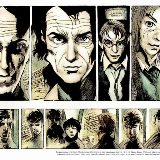 Prompt: in one frame Harry Potter in The Sandman comic, by Neil Gaiman, by Dave McKean, comics Sandman, small details, clear faces, high detail