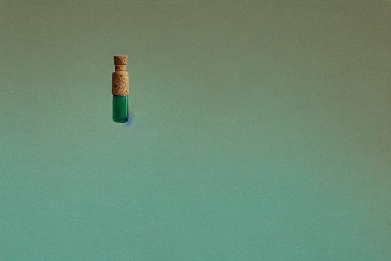 Image similar to small potion with a cork top filled with a green and turquoise gradient liquid, on a desk, old film photo