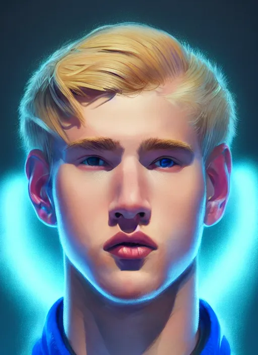 Image similar to portrait of high school senior boy named big moose, blonde short hair, jock, beefy, wide face, square jaw, square facial structure, blue varsity jacket with letter r, intricate, elegant, glowing lights, highly detailed, digital painting, artstation, concept art, sharp focus, illustration, art by wlop, mars ravelo and greg rutkowski