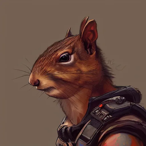 Image similar to grumpy squirrel as apex legends character, digital illustration portrait design, by android jones and greg rutkowski, retrowave color scheme, detailed, cinematic lighting, wide angle action dynamic portrait