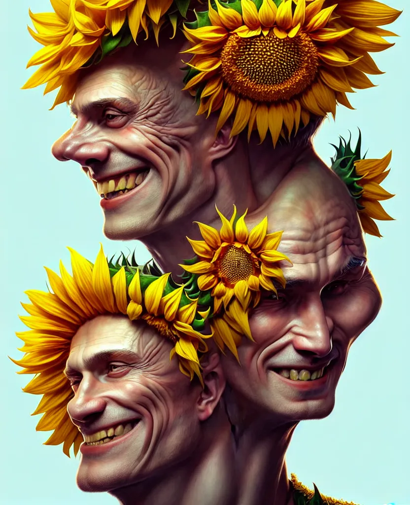 Image similar to digital art, centered full body of young any old Putin smiling king, Sunflower crown, ,intricate, veins, by James Jean and by artgerm , by ross tran ultradetailed, charachter design, concept art, trending on artstation,