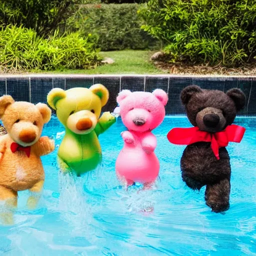 Prompt: teddy bears playing in the pool