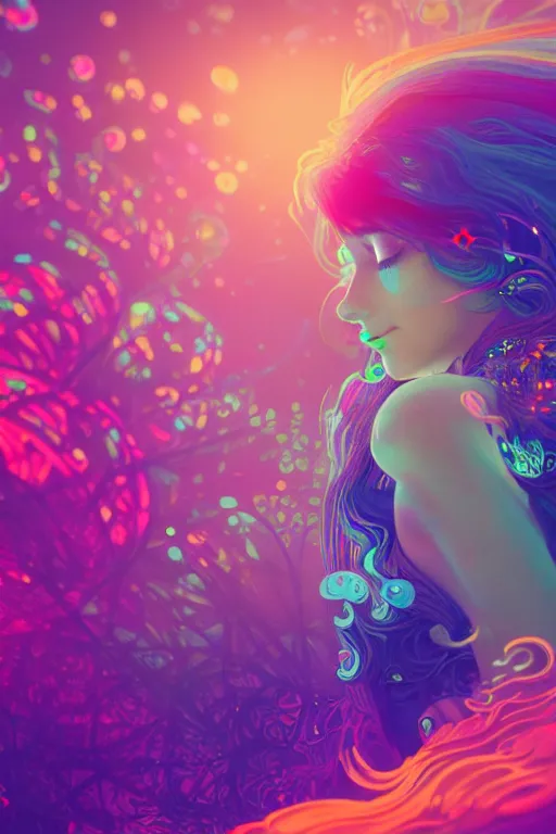 Image similar to a gorgeous woman surrounded by colorful liquid clouds and neon smoke, fantasy, extremely detailed, psychedelic experience, psilocybin, dmt, lsd, face, highly detailed, artstation, alphonse mucha, hana yata, and artem demura and beeple, octane render, unreal engine, 8 k